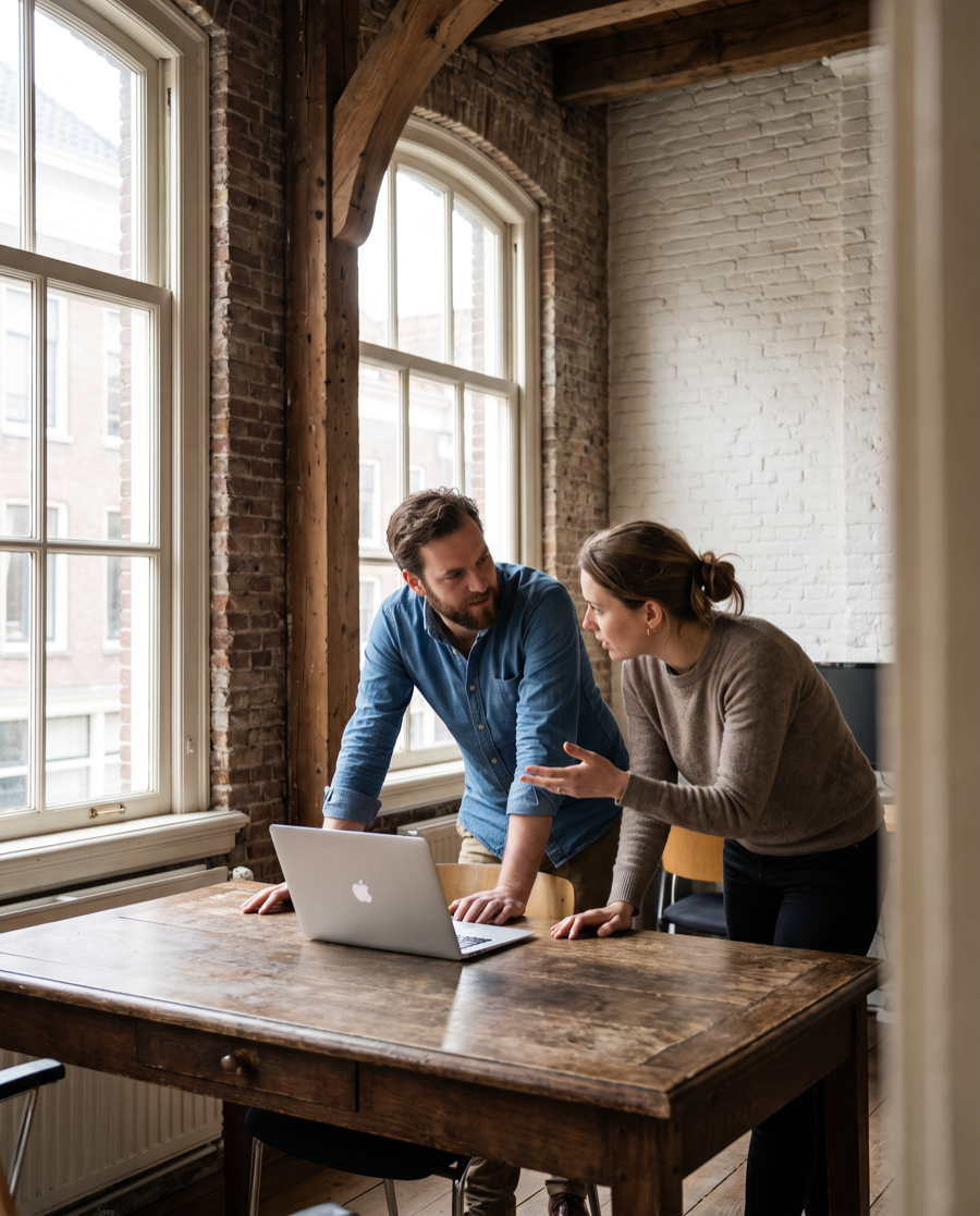Two colleagues working through a problem together at a shared desk