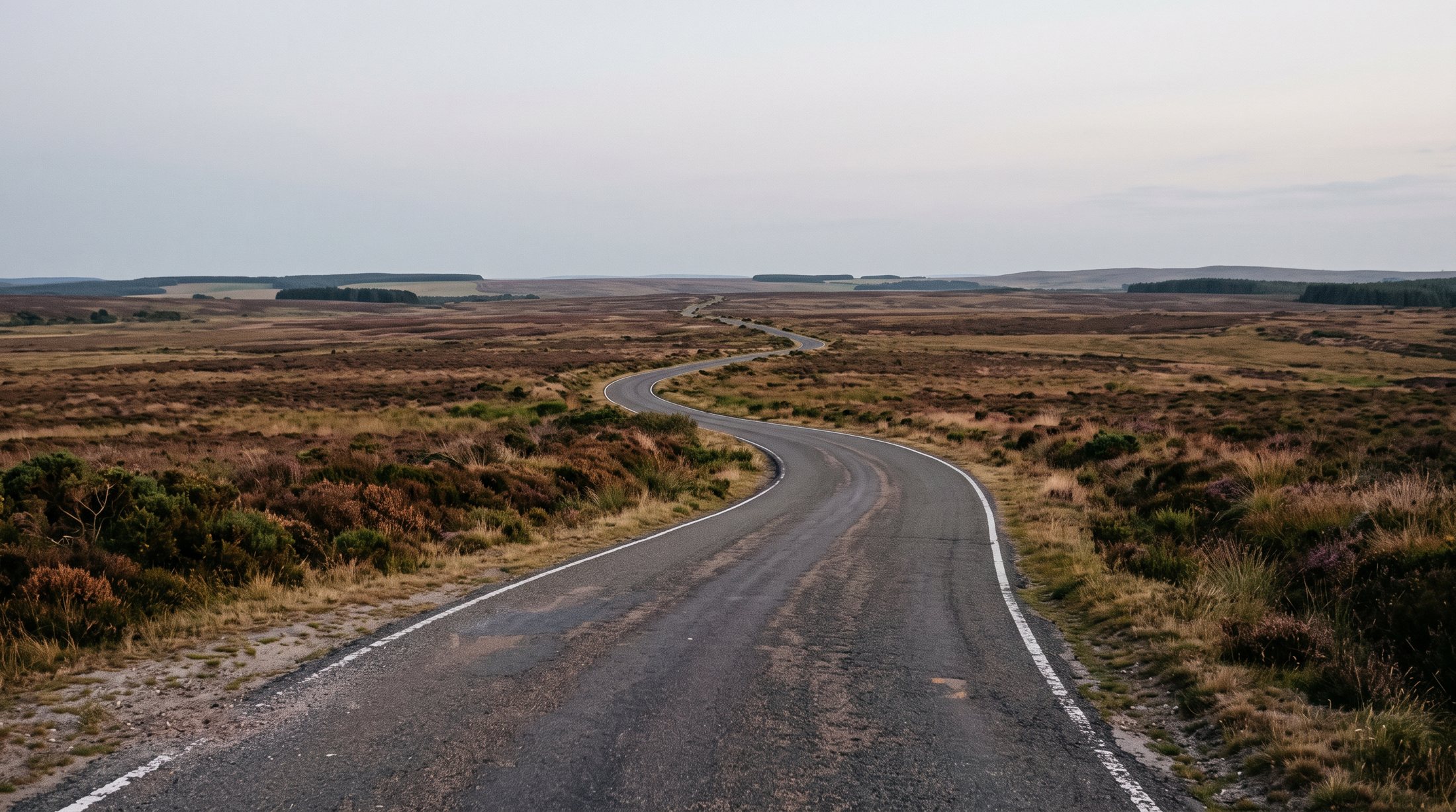 A winding road curving toward the horizon at dusk across open moorland