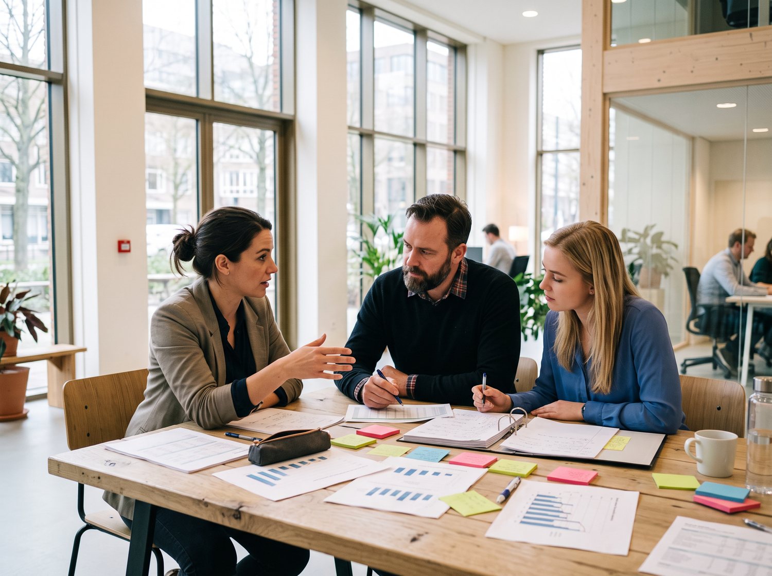 Three colleagues working through spreadsheets, binders and sticky notes spread across a table